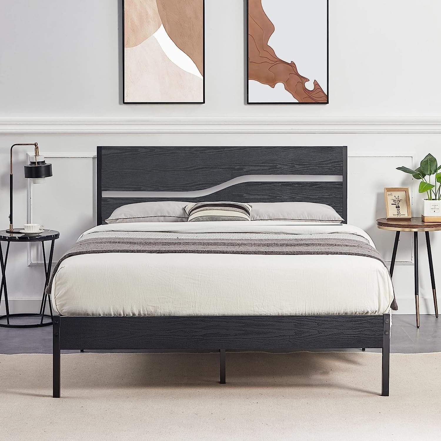 Black Industrial Platform Bed Frame with Wood Headboard and Footboard Moern Metal Platform Bed No Box Spring Needed Noise Free