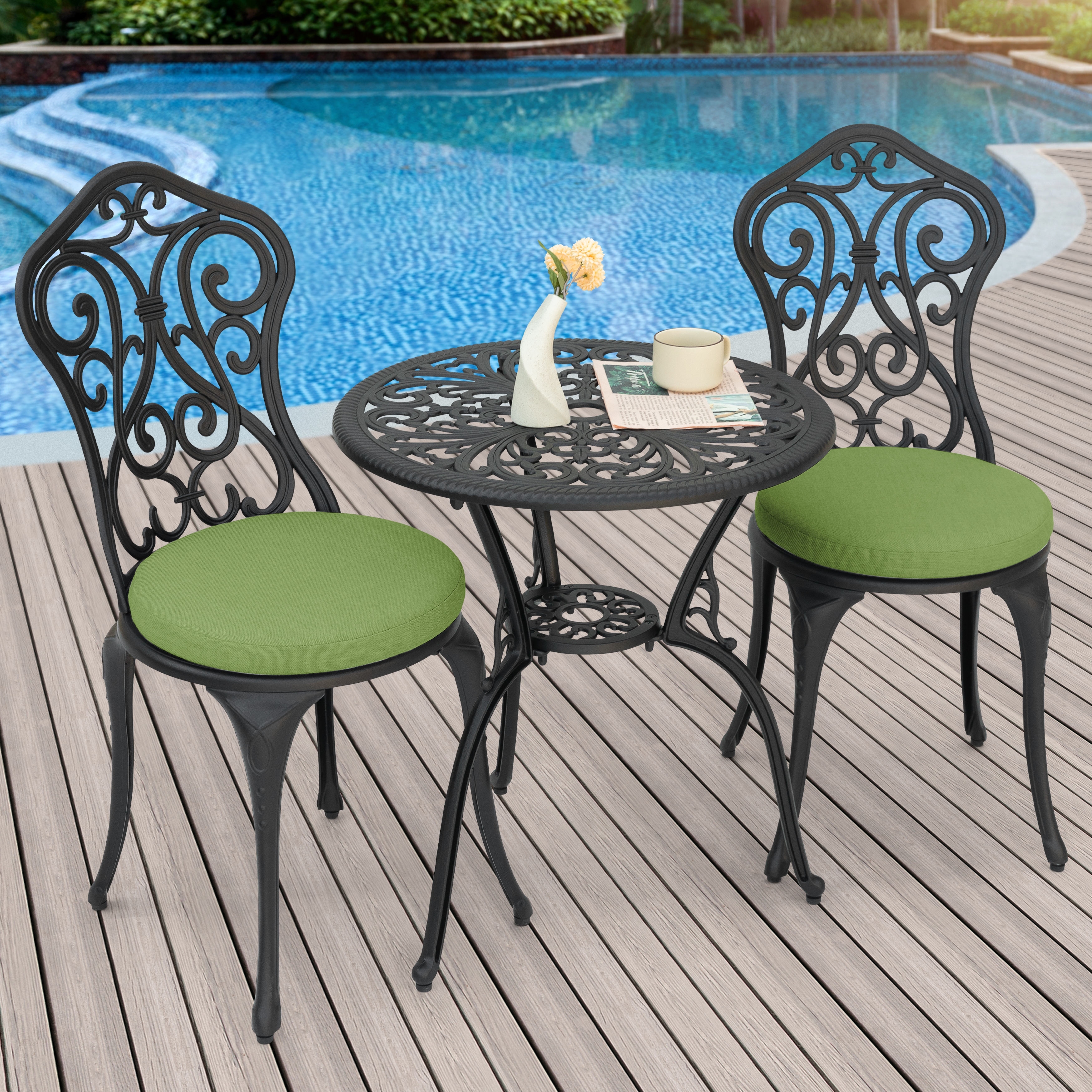 Nuu Garden Patio 3-Piece Cast Aluminum Bistro Set with Cushions, Umbrella Hole