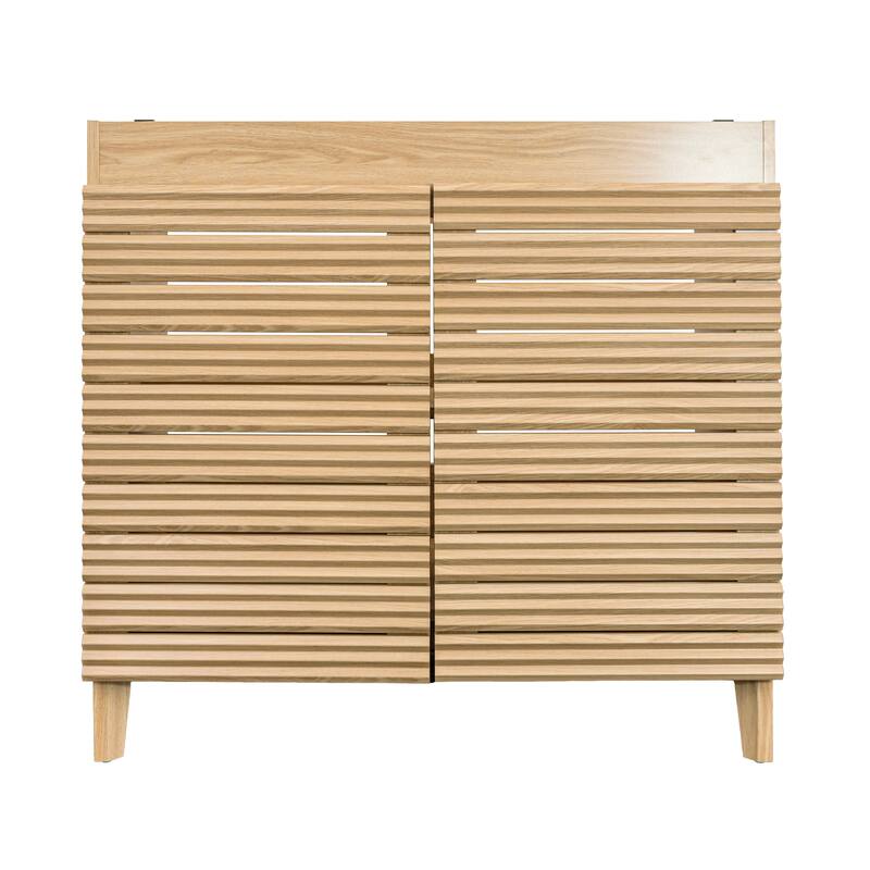 Javer Thin Linear Slat Modern Farmhouse 2-Shelf Bath Vanity Cabinet Only (Sink Basin not Included), by JONATHAN Y - 36 in. - Oak