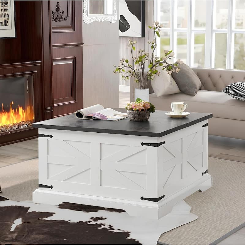 Roomfitters Farmhouse Coffee Table with Lift Top Square, Wood Center Table, Square Wood Center Table with Hidden Storage