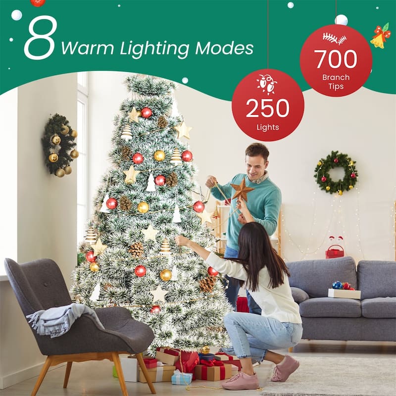 Pre-lit Snow-Flocked Christmas Tree, Artificial Holiday Christmas Tree with 120 Warm Lights, 347 Branch Tips - N/A