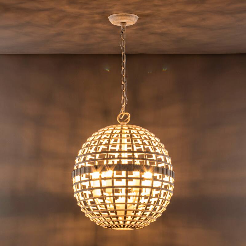 Cottage Distressed White Metal Globe Dimmable 6-Light Chandelier Pendant Light