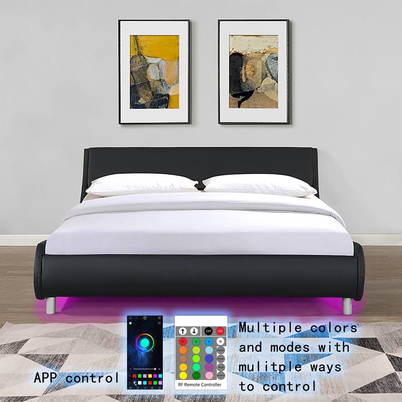 Queen Faux Leather Bed Frame with RGB LED Lighting, Remote/App Control, Wood Slat Support, Curved Design, No Box Spring Need