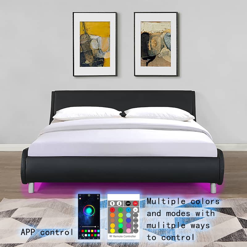 Queen Size LED Platform Bed Frame with Remote Control, Wood Slat Support, Easy Assembly, Black