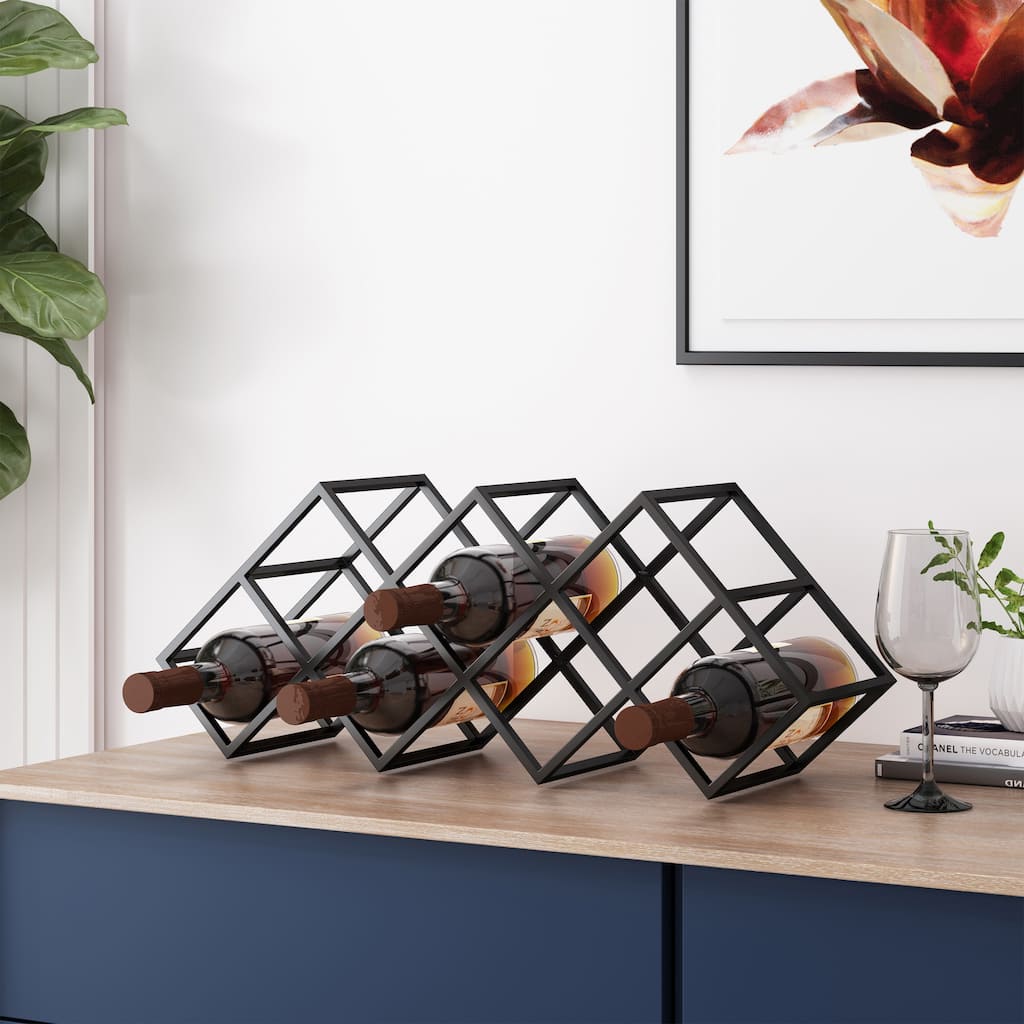 Roomfitters Modern Industrial Tabletop Wine Rack, Geometric Iron Frame, Holds 7 Bottles, Black
