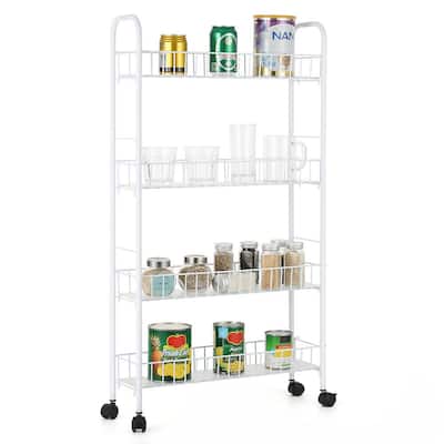 4 Tier Slim Slide Out Storage Rack with Wheels Storage Basket, White