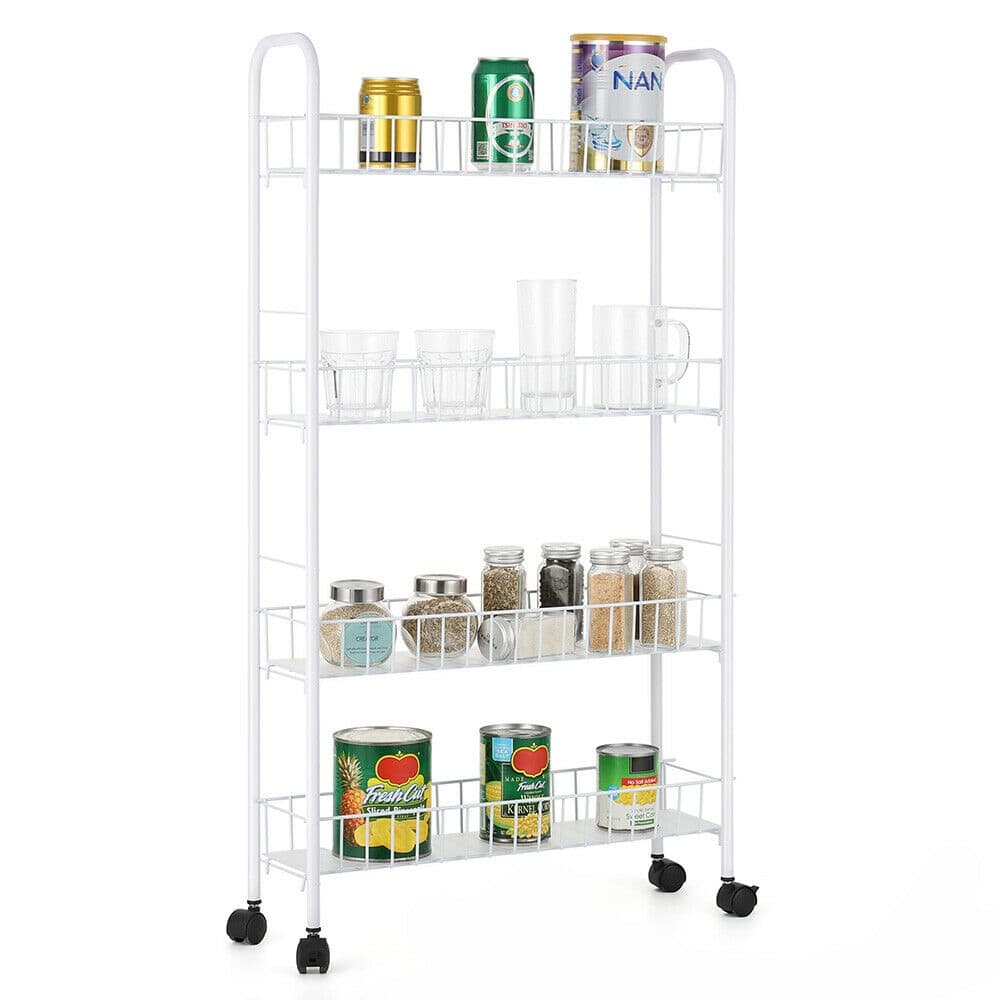 4 Tier Slim Slide Out Storage Rack with Wheels Storage Basket, White