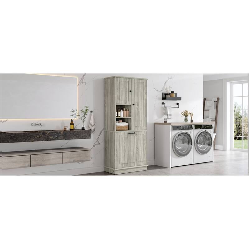 Roomfitters 67" Tall Storage Cabinet with Flip-Out Basket & Adjustable Shelves, MDF Linen Tower for Bathroom & Office