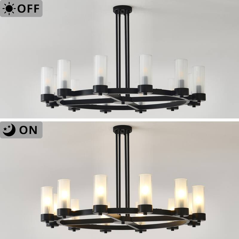 12 - Light Modern Round Chandelier with Frosted Glass Cylinder Shades