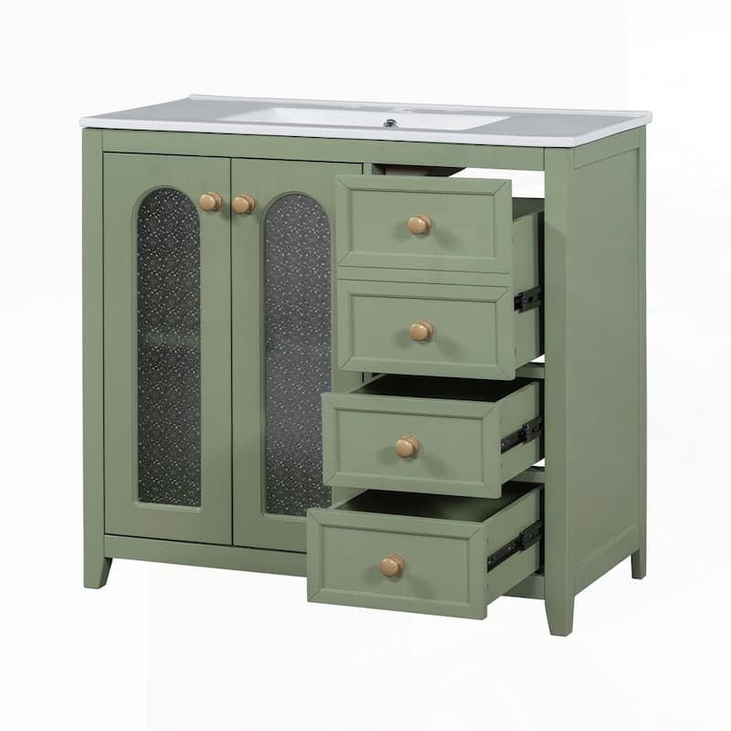 bathroom vanity with two soft close doors and adjustable shelves