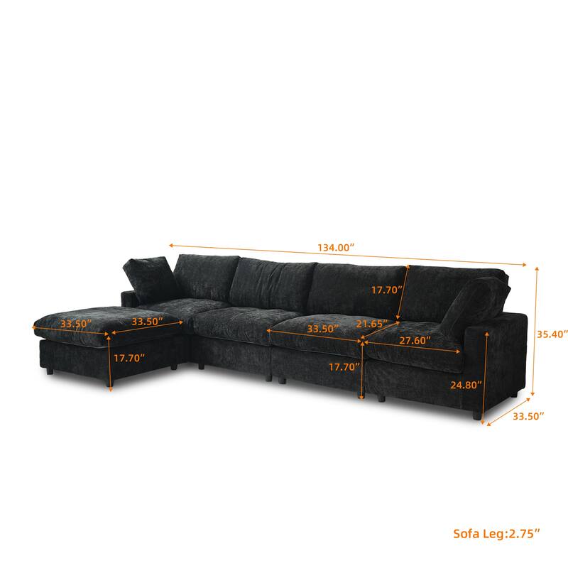 134" Cloud Sectional Couches, L Shape Couch with Ottoman, 6 Seater Modular Sectional Sofa, Cushion Covers Removable
