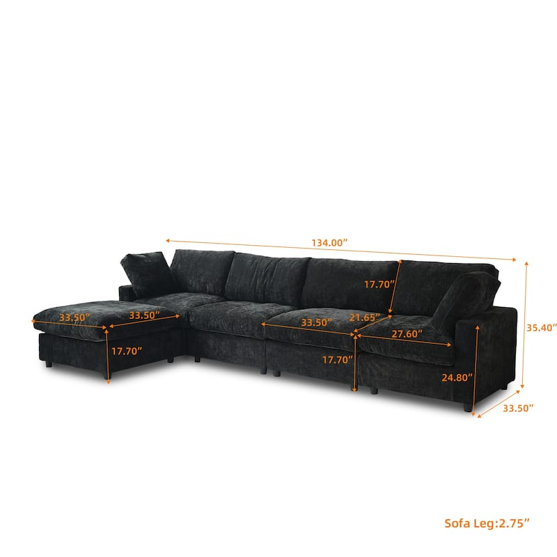 Minimalist Upholstered Cushion Sofa 4-Seater Chenille Modular Sectional Couch with Ottoman