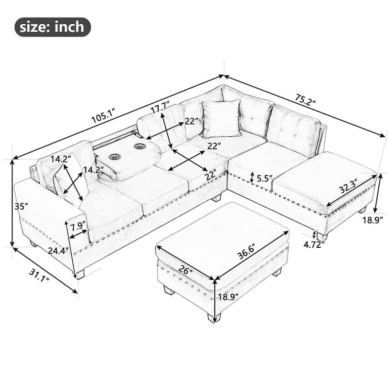 105" Modern Velvet L-shape Reversible Sectional Sofa with 2 Pillows and Cup Holders