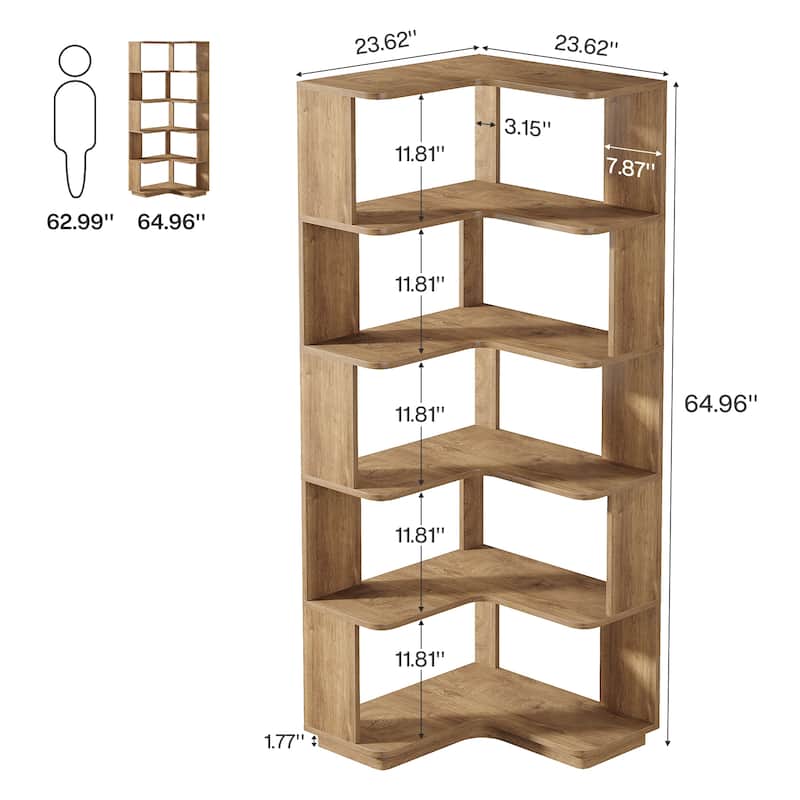 6-Tier Corner Book Shelf, 64.9"Tall Freestanding Wood Industrial Bookcase Bookshelf