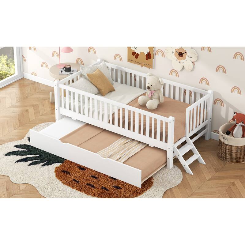 GDFStudio - Wood Twin Platform Bed with Guardrail, Trundle and Storage, Walnut