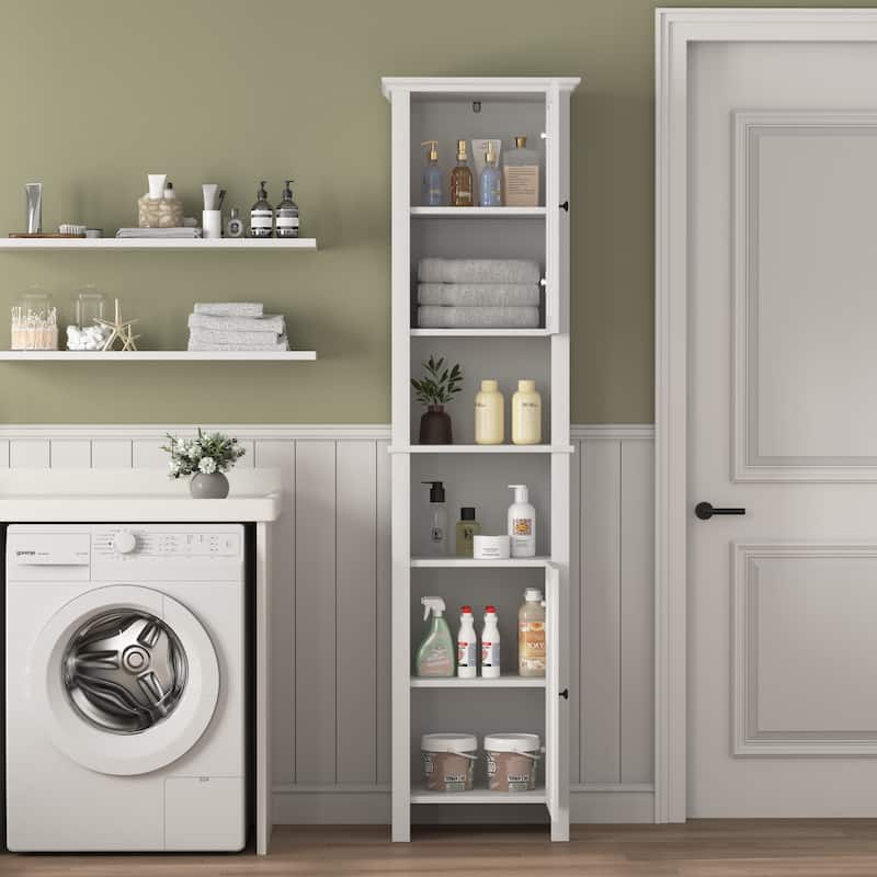 Tall Bathroom Storage Cabinet, Double Door Wood Corner Cabinet, Kitchen Pantry Cabinet with 6 Shelves for Laundry Room, Kitchen