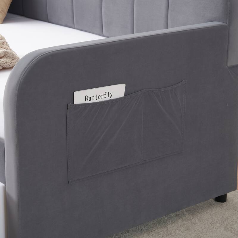 Twin Size Velvet Upholstered Daybed, Wood Sofa Bed Frame Daybed Couch with Trundle Bed and Wood Slat