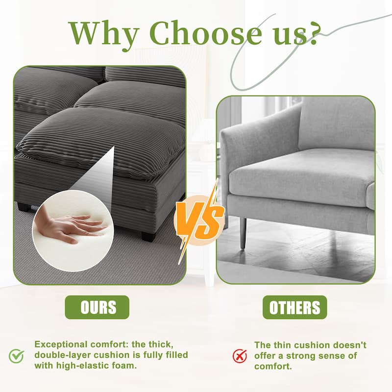 113" L Shaped Sectional Sofa, Deep Seat Cloud Couch with Ottoman, Oversized Corduroy Couch with Cup Holders, Storage Bags