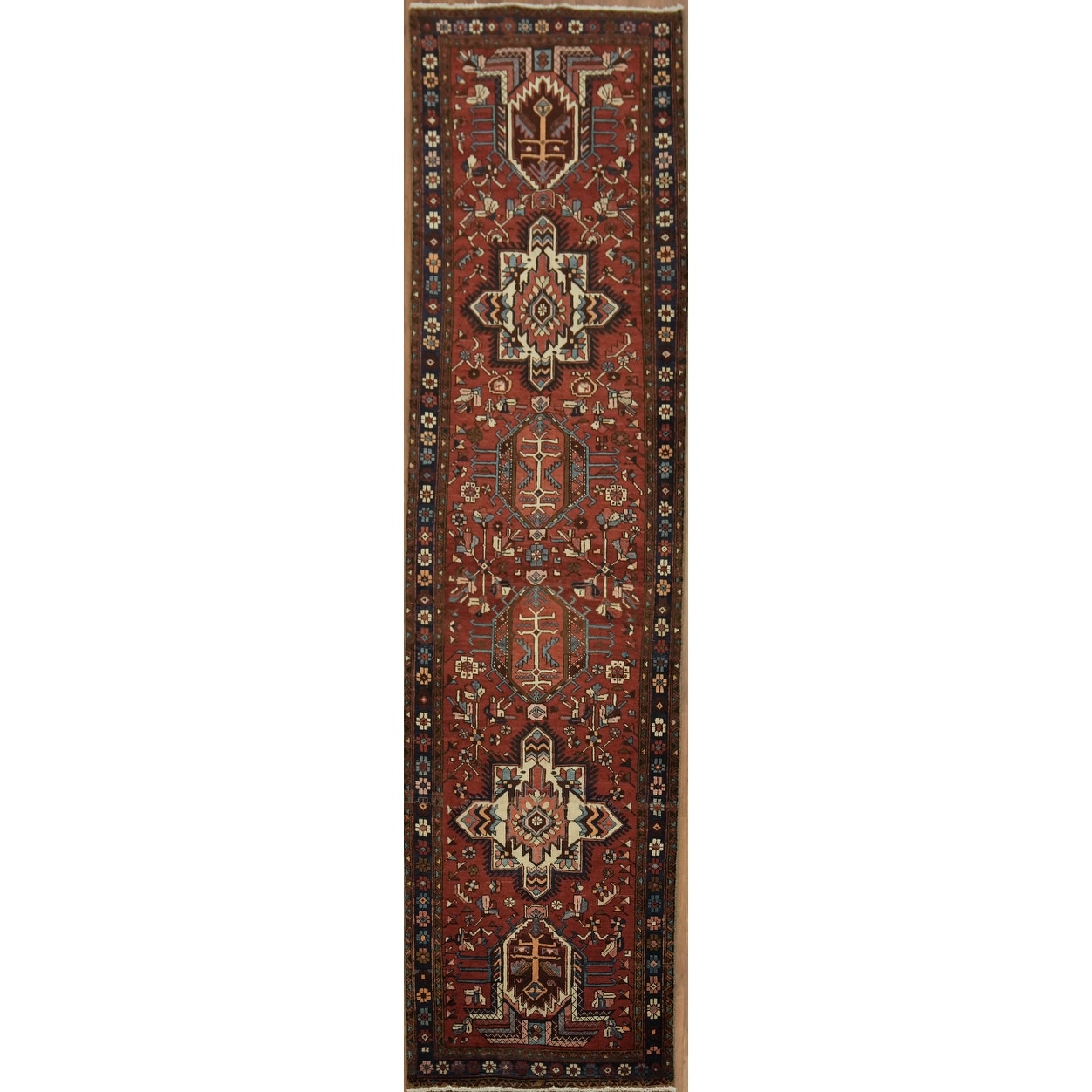 Hand Knotted Oriental 100% Wool Carpet Traditional Tribal Red Heriz (serapi) Runner Rug - 12' 6'' X 3' 3''