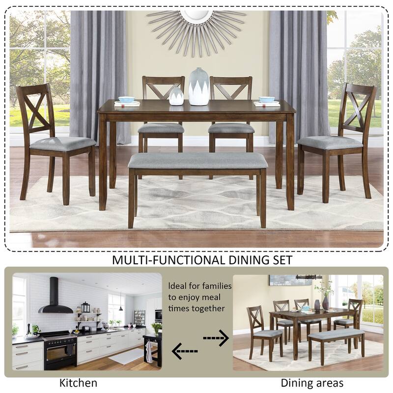 GDFStudio - Brookline 6-Piece Transitional Rectangular Wooden Dining Table Set with 4 Upholstered Chairs & 1 Bench
