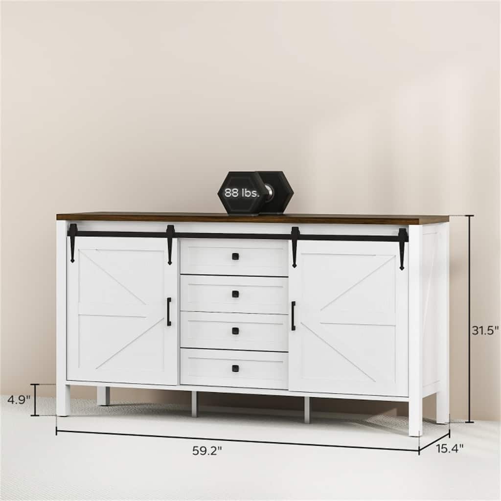 Multi-Functional Sideboard Cabinet with Sliding Barn Doors Drawers and Adjustable Shelves - 59.2" W x 15.4" D x 31.5" H