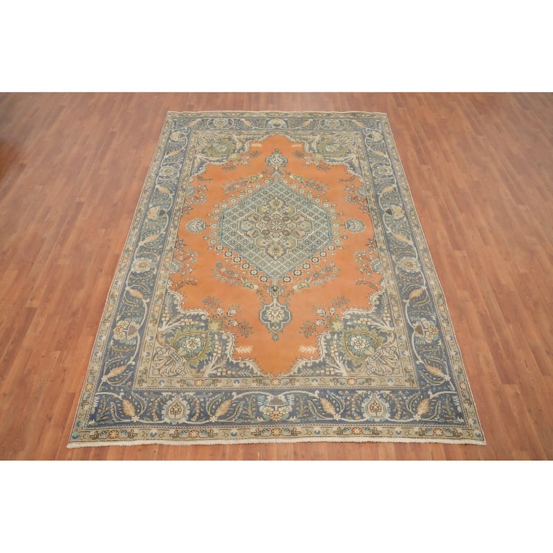 Hand Knotted Oriental 100% Wool Carpet Traditional Floral Oranges & Rust Tabriz Area Rug - 10' 3'' X 7' 0''