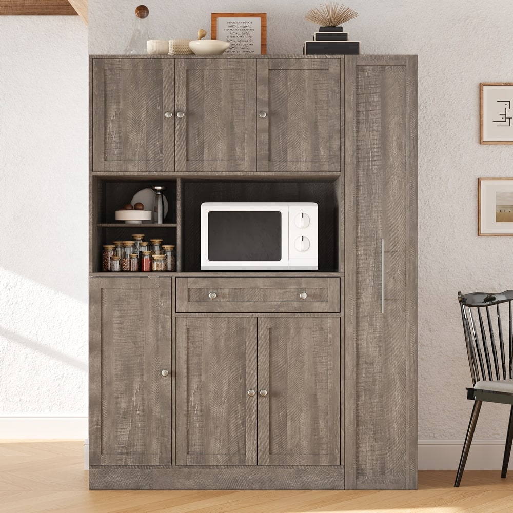 Roomfitters Large Kitchen Pantry Cabinet with Pull-Out Side Storage and Hutch, Shaker Style Buffet