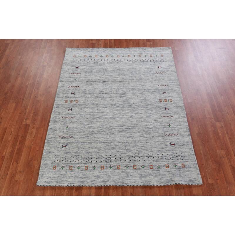 Hand Knotted Oriental 100% Wool Carpet Tribal Animal Pictorial Beige & Ivories Gabbeh Area Rug - 6' 9'' X 5' 2''