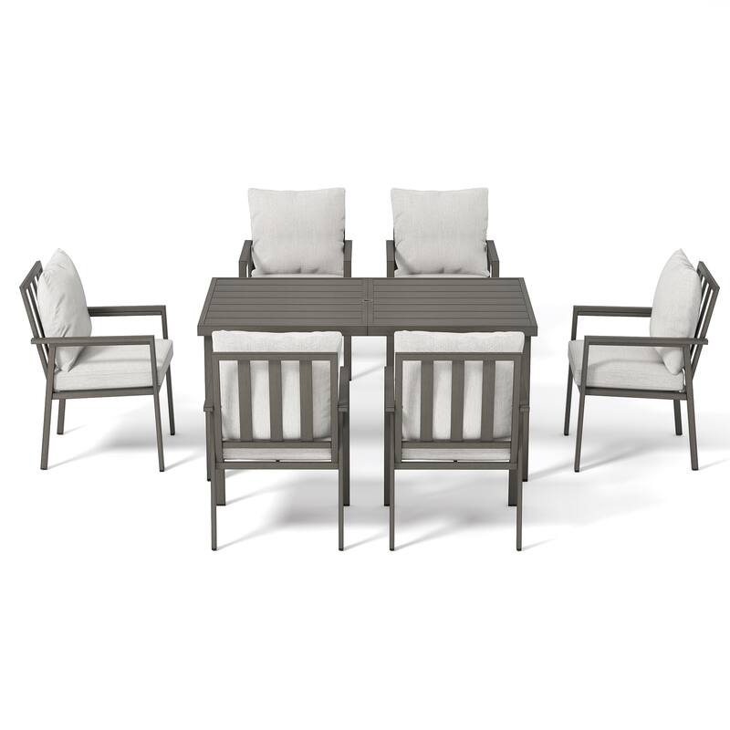 Quietude 7-Piece Gray Aluminum Patio Dining Set with Rectangular Table and Light Gray Cushions