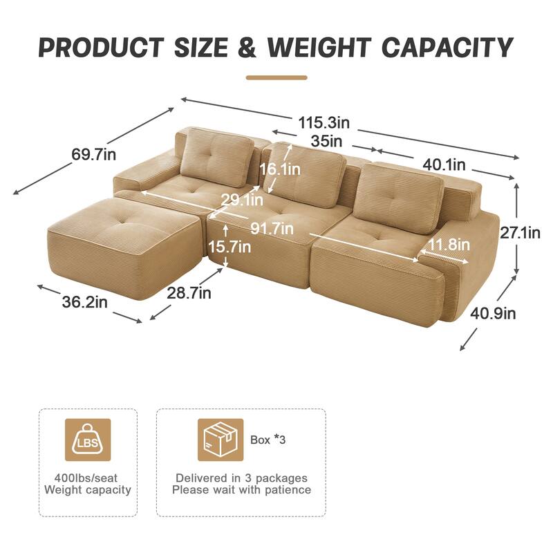 Roomfitters No Assembly Modular Sofa, 117 Inch Corduroy 3-Seater with Piping, Camel