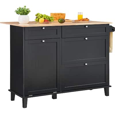 Black Kitchen Island Cart Serving Cabinet with 4 Storage Drawer 4 Multi-Functional Hooks - 50x29x37 inch