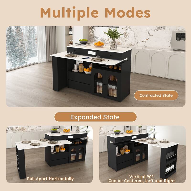 Kitchen Island with Extendable & Rotating Table, Kitchen Table with Power Outlet, 4 Drawers & Glass Door Cabinets