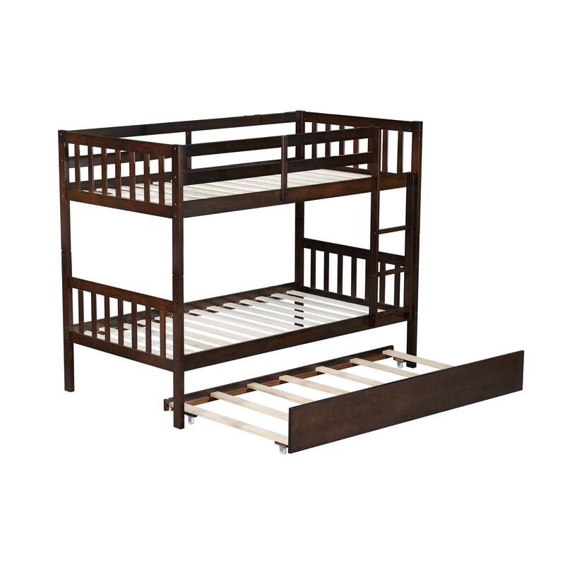 Espresso Twin over Twin Rubber Wood Bunk Bed with Trundle, Ladder and Safety Guardrails