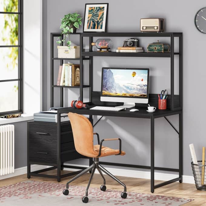 Rustic Computer Office Desk with Drawers and Hutch - Black