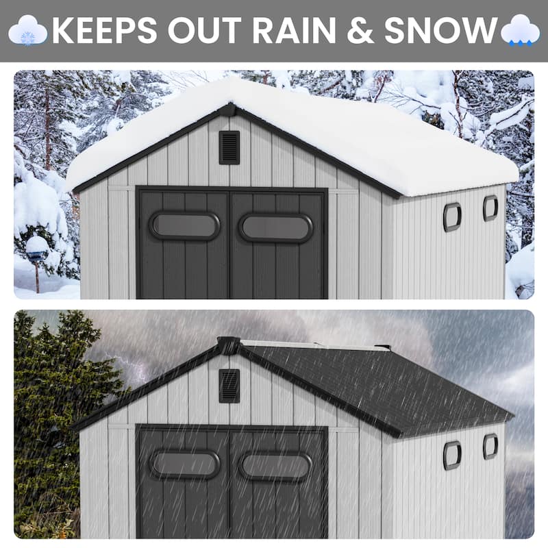 All-Weather Outdoor Storage Shed Waterproof Resin Garden Shed with Floor, Lockable Doors, Skylight for Lawn Tools & Bikes