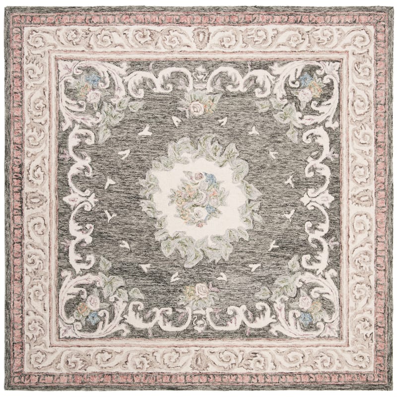 SAFAVIEH Handmade Aubusson Rumia Traditional Oriental Wool Rug - 6' Square - Ivory/Charcoal