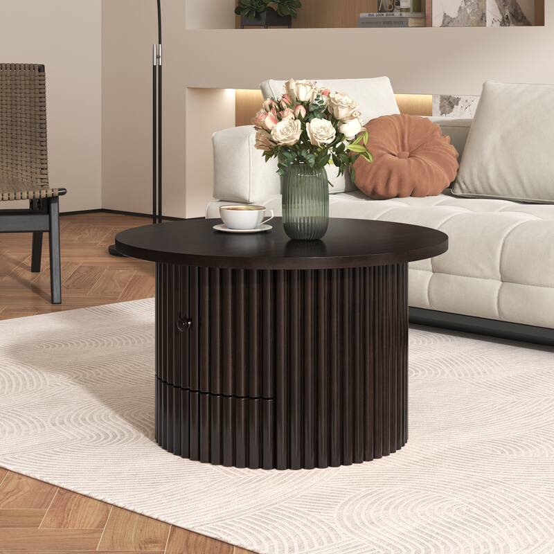 Round Coffee Table for Living Room in Natural, Farmhouse Coffee Table with a Drawer, Center Table with Vertical Slat Base