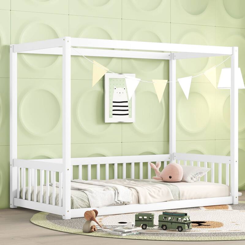 Kids Twin Canopy Floor Bed with Guardrails, Wooden Frame, Ideal for Play & Sleep - White - Twin