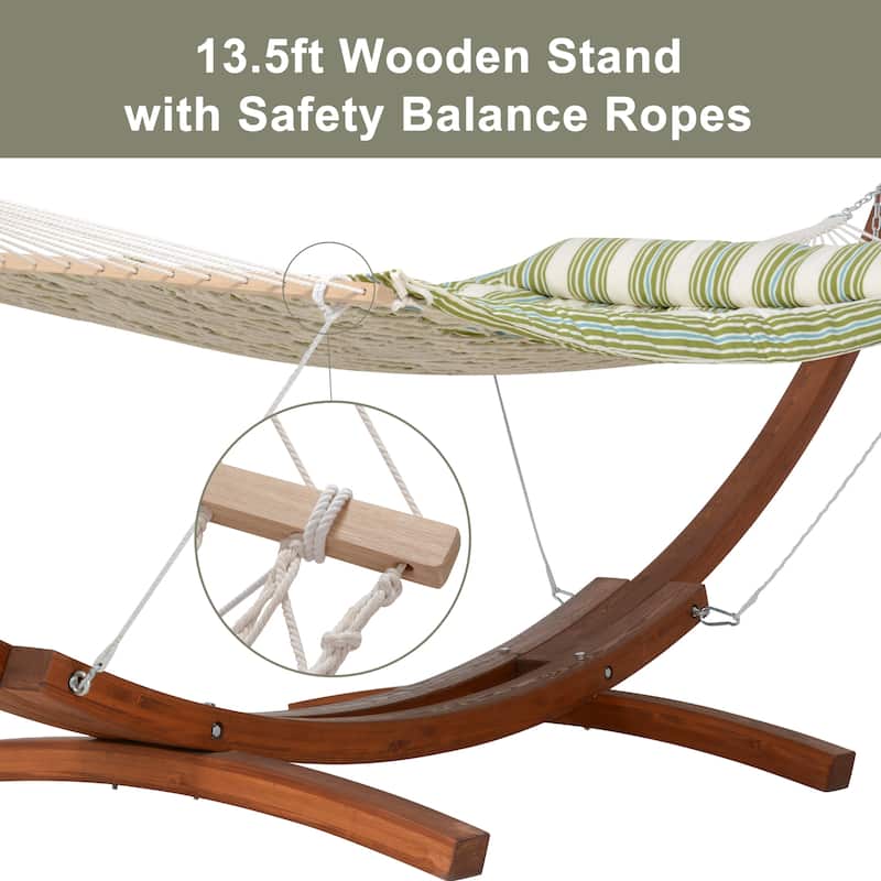 Rope Hammock with 13.5ft Wooden Stand and Removable Pad