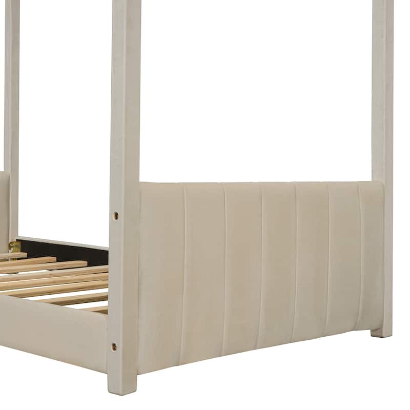 Twin Size Modern Canopy Bed - Striped Headboard Design with Roof, Solid Pinewood Frame