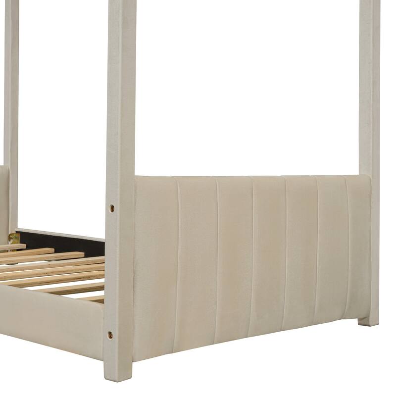 Twin Size Modern Canopy Bed with Striped Headboard & Roof Design