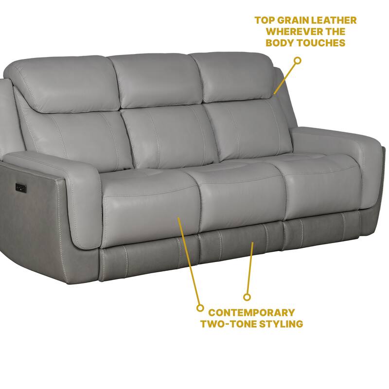 Rosalyn 87" Zero Gravity Silver and Gray Leather Power Reclining Sofa with Dropdown Console