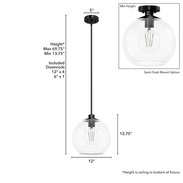 dimension image slide 9 of 12, Hunter Xidane 1 Light Clear Glass Pendant or Semi-Flush Light - Kitchen Island, Dining Room, Entry - Glam, Contemporary