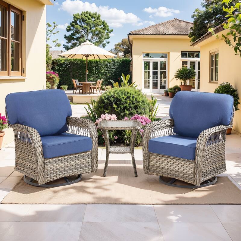 Pocassy Patio Outdoor Sofa Ottoman with Swivel Chair Table Funiture Set. - Gray Wicker Blue Cushion - 3-Piece Swivel Chair with Side Table