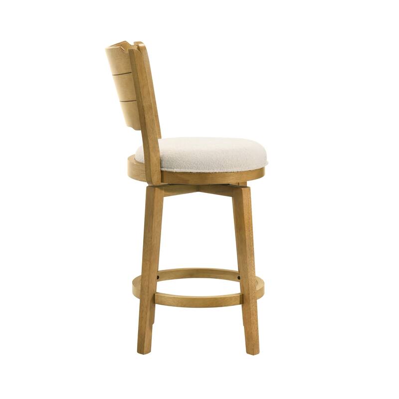 Winsley Coastal Modern Swivel Wood Counter Height Kitchen Bar Stool with White Boucle Fabric Upholstered Seat