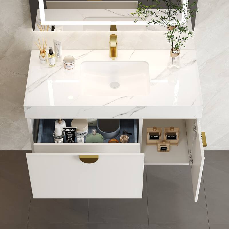 36" Single Bathroom Vanities with Sintered StoneTop, Wall Mount Vanities with Ample Storage