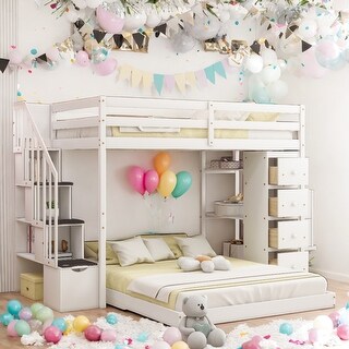 Twin Over Full Bunk Bed with 3-layer Shelves, Drawers and Storage Stairs