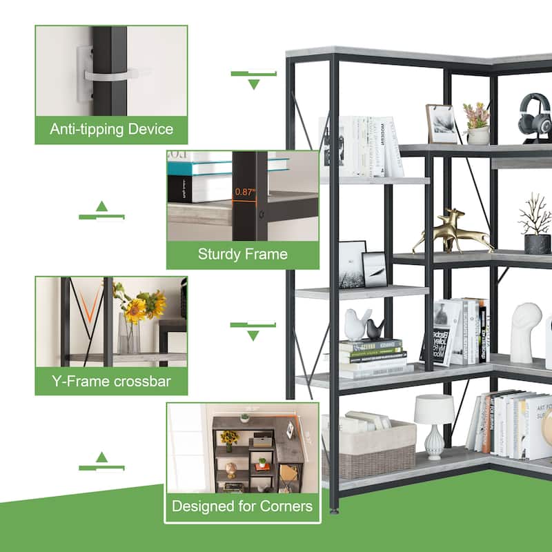 5-Tier L-Shaped Corner Bookshelf, Industrial Style Storage Shelf