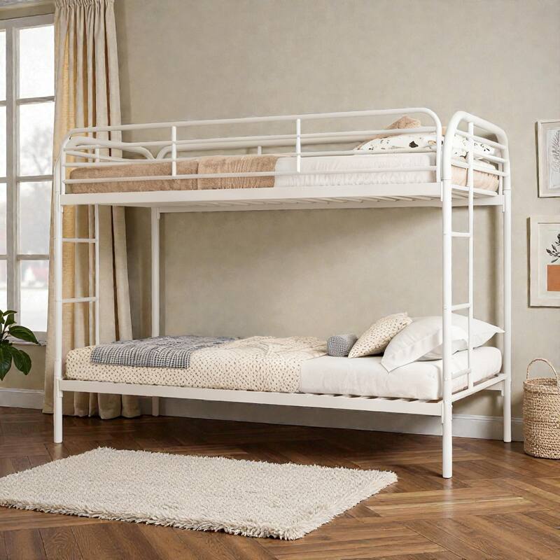 Metal Twin Over Twin Bunk Bed with 2 Ladders, Heavy-Duty Iron Frame, Full-Length Guardrails, No Box Spring Needed