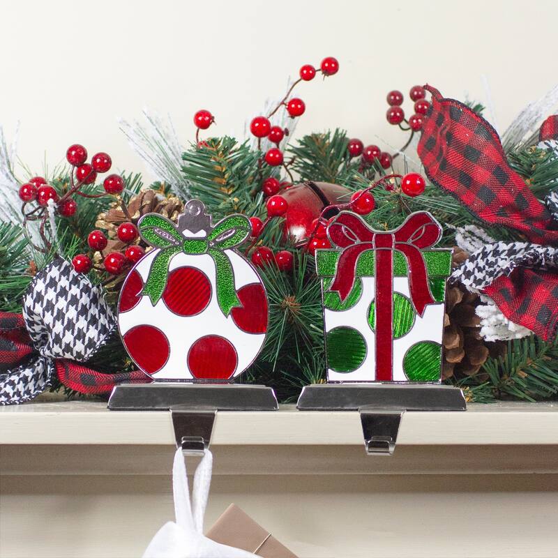 Set of 2 Green, Red, and Silver Gift Box Christmas Stocking Holder